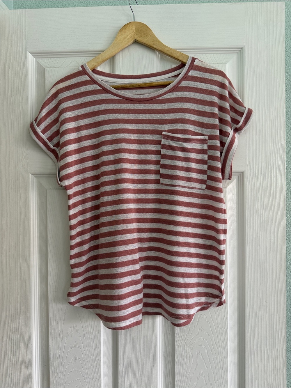 A new Day Striped Short-Sleeve Pocket Tee - Dusty Rose/White